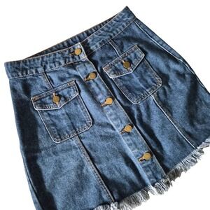 Shop The Trends‎ Vtg Denim Mini Skirt Button Front Frayed Raw Hem Womens M